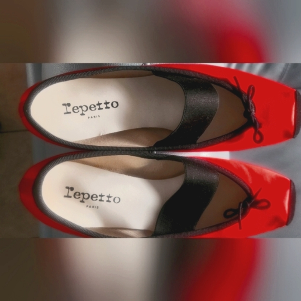 Repetto red satin and blk velvet trim ballerina flats - Picture 3 of 11